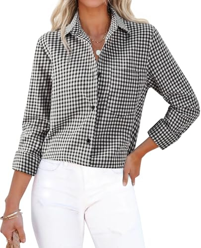 siliteelon Plaid Shirts for Women Gingham Top Button Down Long Sleeve Dress Shirts Cotton Casual Fitted Work Collared Blouse