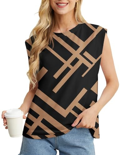 GRECERELLE Womens Cotton T Shirts Cap Sleeves Loose Fit Basic Ladies Tops for Casual Comfort Soft Crew Neck Summer Tees (Black Rectangle Floral, M)