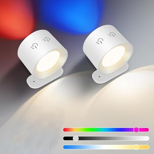 Strixorn Paquete de 2 luces LED regulables de pared con colores RGB y control remoto, rotación magnética de 360°, apliques recargables para dormitorio, sala de estar y área de lectura (blanco)