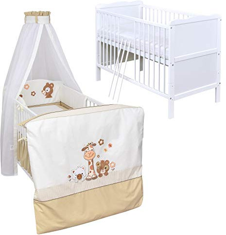 Generisch Baby Delux Babybett Komplett Set 9-TLG Kinderbett umbaubar zum Juniorbett 70x140 Matratze Jack Bettset Chiffonhimmel (Safari)