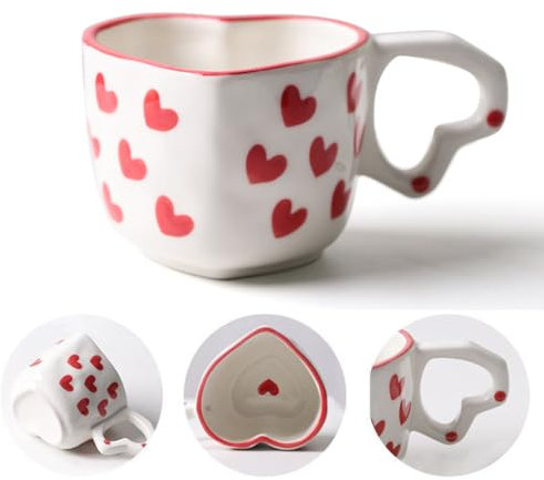 MRDLKNX Taza de café expreso en forma de corazón de 8.5 onzas, tazas de café de cerámica con asa, bonitas tazas de jugo de leche, vasos para beber regalos para mamá y esposa