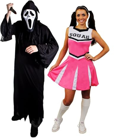 Costume per adulti per coppie, vestaglia nera, maschera urlata, coltello finto e vestito da cheerleader rosa XXL – Costume da adulto uomo donna Halloween dolcetto o scherzetto