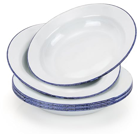 Aramanara 6 piatti tradizionali smaltati, 24 cm, rotondi, corpo bianco con bordo blu, piatti da portata grandi e profondi retrò per insalata, pasta, campeggio