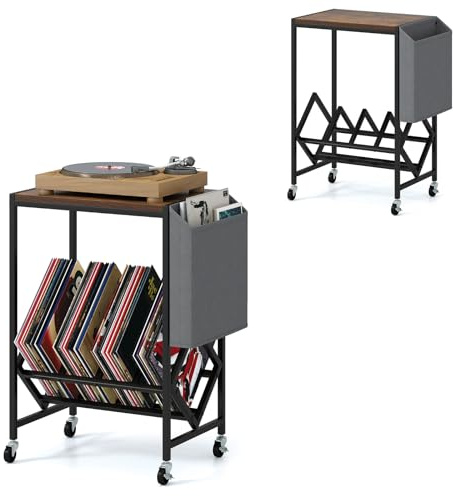 KOMFOTTEU Support de Disque Vinyle avec roulettes, Meuble Platine Vinyle avec Sac latéral & Plateau pour Platine, Meuble Tourne-Disque en Bois & Métal, 49,5 x 30 x 64 cm (Marron)