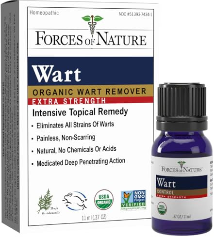 Forces of Nature Wart Control Extra Strength, Organic Homeopathic Medicine for Gentle Removal of Plantar Warts on Feet and Hands, Natural Ingredients, Tea Tree, Northern White Cedar, 0.37 FL 0Z