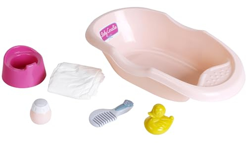 Theo Klein 1678 Baby Coralie Baignoire avec accessoires de puériculture I Avec petit canard couineur I Dimensions de la baignoire : 42 cm x 24 cm x 11 cm I Jouet pour enfants à partir de 3 ans