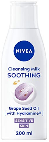 NIVEA Soothing Cleansing Milk (200ml), Face Cleanser with Grape Seed Oil and Hydramine, Gently Cleanses Without Drying Out, Make-up Remover Cleanser for Sensitive Skin