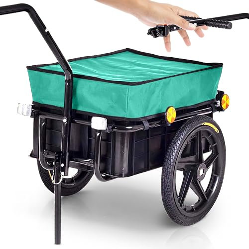 SAMAX Transportanhänger 70 Liter / 60 Kg Fahrradanhänger Lastenanhänger mit Kupplung Fahrrad Anhänger Handwagen mit Kunststoffwanne in Grün