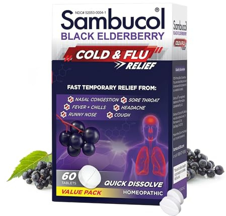 Sambucol Cold and Flu Relief Tablets - Homeopathic Black Elderberry Cold Medicine, Drowsy Free Remedy for Adults with Zinc, Quick-Dissolving Tablets for Men and Women - 60 Count