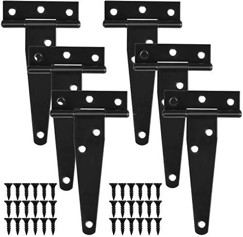Chstarina 6 Pcs 4 Pounces Charnières en T laquées Noires, Charnière en T Robuste, Charnières de Portes en Bois, Métalliques Fer Antirouille Charnières de Porte avec Vis pour Portes de Grange, 100 mm