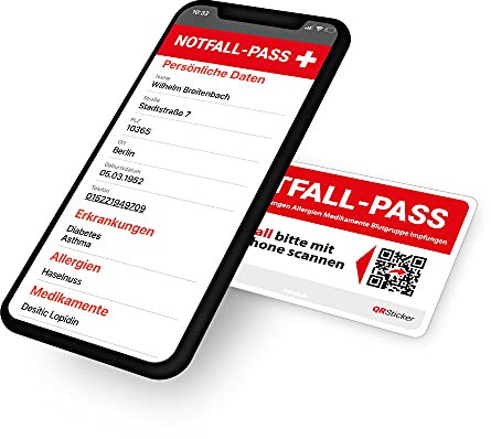 QRSticker - Digitaler Notfallpass für wichtige Gesundheitsdaten im Notfall. Blutgruppe, Medikamente & mehr auf einen Blick. App-gesteuert, Datenlöschung per App. Für Erwachsene & Jugendliche.