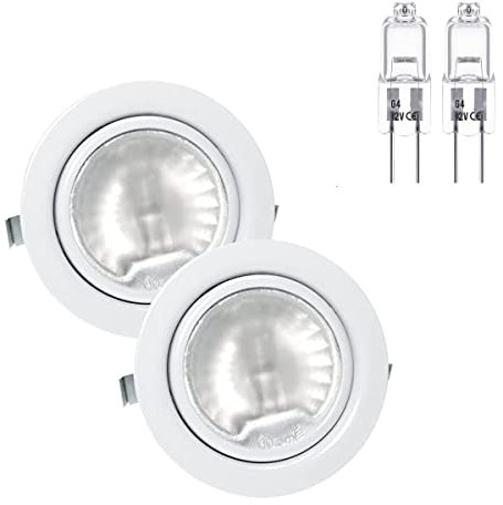 oniroview Set di 2 faretti con lampada alogena da incasso per mobili, bianco lucido, dimmerabili, con lampadina bispina 12 V 14 Watt resa da 20W, G4 cavo di collegamento 15 cm