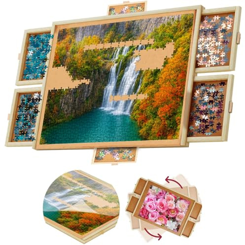 1500 Piece Wooden Jigsaw Puzzle Board - 6 Drawers, Preassembled Rotating Puzzle Table | 35” X 28” Jigsaw Puzzle Board | Puzzle Cover Included - Portable Tables for Adults and Kids