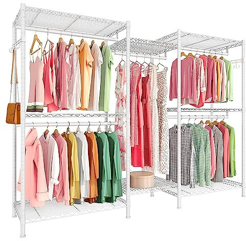 FTEYUET Kleiderständer, Kleiderstange, Schwerlast Kleiderständer Metall Garderobenständer Kleiderbügel Kleiderschrank mit Haken, bis 376 kg belastbar, 187 x 44 x 194 cm, Weiß