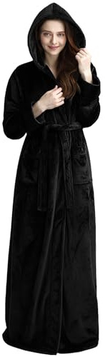 Artfasion Robes for Women with Hood Long Soft Warm Full Length Bathrobes Luxurious Plush Fleece Winter Robes Black Large