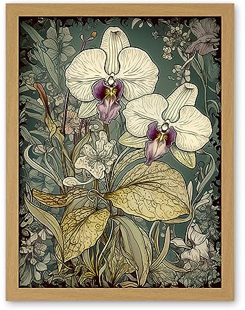 Artery8 William Morris Style White and Purple Orchid Artwork Framed Wall Art Print 18X24 Inch