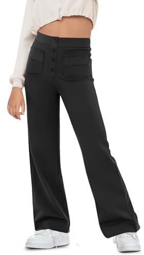 Haloumoning Pantalon évasé pour fille - Legging de yoga évasé - Bouton - Taille haute - Pantalon de sport avec poches, Noir , 10-12 ans