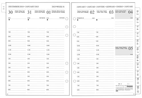 2025 Wochenplaner Einlage A5 6 Löcher, Vertikal, 1 Woche 2 Seiten mit Tabs, Extra Notizen Kontakt, Jan.25-Dez.25, Dickes Papier, 100 gsm, Nachfüllpapier für Kalender 2025 Planer(Mehrsprachig)