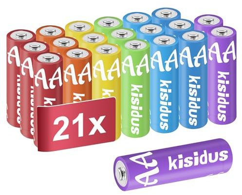 kisidus Batterien AA, 21 Stück, Bunte Einwegbatterien 1,5V LR6, Alkaline AA Batterien Langlebiges Design für Haushalt und Büro