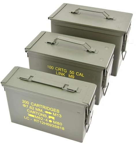 Boîte de rangement militaire robuste pour munitions – Construction en métal et vert militaire ; organiseur à outils fiable, coffre à outils avec joint en caoutchouc ; design empilable pour des