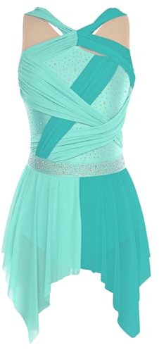 Yhong Maillot de gimnasia para mujer, sin mangas, patinaje artístico, maillot de leotardo con gasa, falda asimétrica, traje de maillot lírico moderno, verde, S
