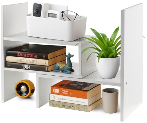 Toemics Adjustable Desktop Bookshelf Expandable Wooden Desk Organiser, Small Desktop Storage Rack for Books, Office Supplies, Space-Saving Bookcase for Home Office (White)