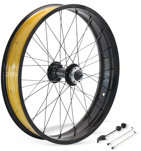 26in Snow Bike Front Wheel for E-Bike 26in X4.0 Tire Fat Bicycles Wheel for Beach Bike/Electric Bicycles Aluminum Alloy 36H Quick Release 9x135mm 6 Bolts Disc Brake Hub
