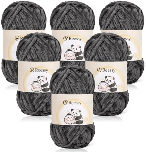Reessy Chenille Yarn 600g, Soft Chunky Wool for Knitting&Crochet-Deep Grey | Velvet Chenille Wool for knitting 100g balls, Chunky Crochet Yarn for Crochet Blanket, Amigurumi, Handbag, Hat, DIY Crafts