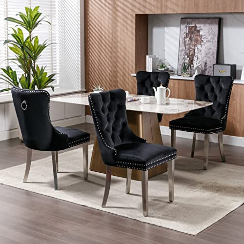 HomeTouch Luxury Velvet Kitchen Dining Chairs Set of 4 Upholstered Knocker Wing Back Chairs with Oak Wood Legs for Dining Room, Hand Made (4, Black Silver)