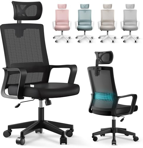 JUPPLIES Silla Escritorio Ergonomica - Silla Oficina Ajustable y Reclinable con Soporte Lumbar, Reposacabezas Ajustable, Malla Transpirable, Ruedas Giratorias 360º Soporta hasta 100kg