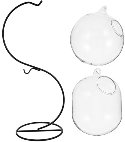 DOITOOL Aquarium de Bureau Multifonction en Verre et Fer Support S-Type, Vase 12 Cm Boule et Pot Moyen Hiver, Décoration Intérieure et Accessoires pour Poissons