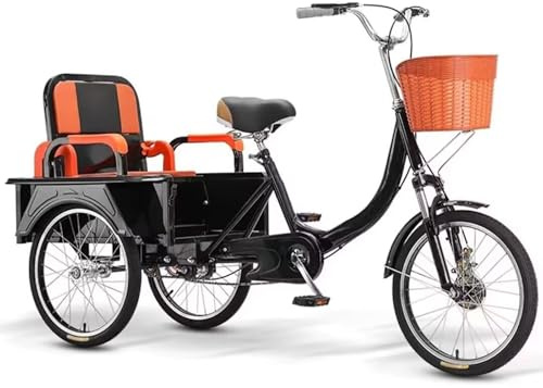 Eldre cyklar rickshaw trikes med stötdämpare framgaffel, passagerar- och lastbil med dubbla användningsområden, hopfällbart bakre passagerarsäte, bakhytt, tandem trehjuling för vuxen