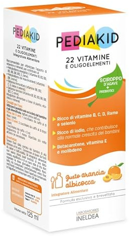 PEDIAKID - 22 Vitamines et Oligo-Éléments - Formule exclusive au sirop d'Agave - Fibres d'Acacia prébiotiques - Tonus - Renforce le système immunitaire - Goût orange abricot - Flacon de 125ml