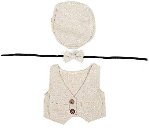 Newborn Baby Photography Props Gentleman Hat Bowtie Knitted Photography Costume Clothing Flat Hat for 0-1 Years Old Baby(Beige)