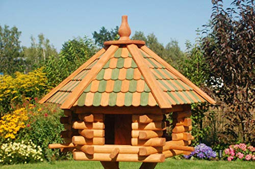 Deko-Shop-Hannusch Vogelhaus XXL, Futterhaus 65 x 50 cm imprägniert, Holzschindeldach in braun-schwarz, mit oder ohne Vogelhausständer, V15XXL, Farbe/Ständer:V15 grün XXL Solar