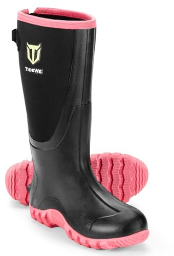 TIDEWE Rubber Boots for Women with Steel Shank, Waterproof Rain Boots Multi-Season, 6mm Neoprene Sturdy Rubber Outdoor Hunting Boots Next Camo G2 Size 7 (Pink)