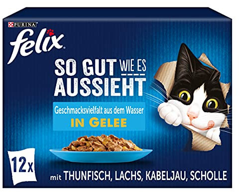 FELIX So gut wie es aussieht Katzenfutter nass in Gelee, Fisch Sorten-Mix, 6er Pack (6 x 12 Beutel à 85g)