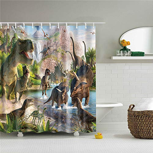 FANSU Duschvorhang Anti-Schimmel, 3D Drucken 100% Polyester Bad Vorhang Wasserdicht Anti-Bakteriell mit C-Form Kunststoff Haken mit 12 Ringe für Badzimmer (Dinosaurier,180x200cm)