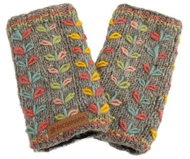 Pachamama Women Wool Hand Wrist Warmers Fleece Lined Handknitted Flower Embroidered Grey One-Size Handmade Extra Warm Fair Trade
