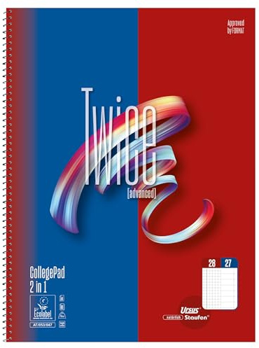 Staufen Style Collegeblock TWICE – DIN A4, linjering 27 + linjering 28, 80 ark, 4-håls stansning, extra vit 70 g/m² kvalitetspapper, 5 stycken