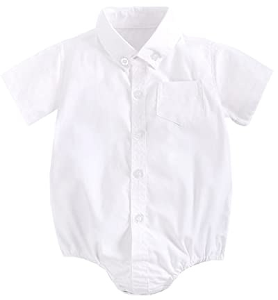 Verve Jelly Newborn Baby Romper Solid Color Short Sleeve Button Down Shirt Bodysuit Jumpsuit Infant Boys Summer Clothes Outfit White 0-6 Months