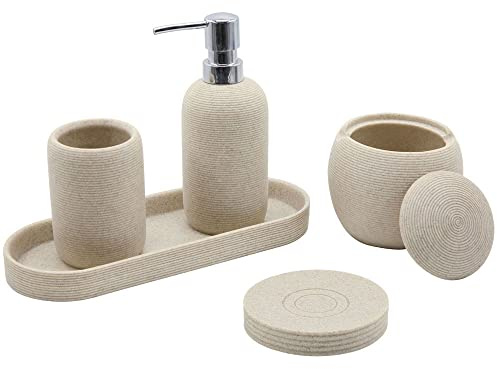 Juego de Accesorios de baño de Resina Beige, Juego de 5 Accesorios de baño con dispensador de loción, jabonera, Soporte para Cepillo de Dientes, Bandeja de tocador, dispensador de Soporte Qtip,