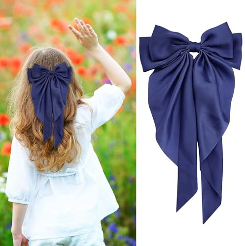 LECTNORE Navy Hair Bow - Large Bowknot Hair Clip for Women, Satin Silky Ribbons with Long Tail, French Barrette Hair Accessory for Girls Ponytail Holder