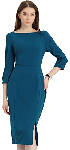 Allegra K Robe mi-longue élégante col bateau manches 3/4 pour femme, bleu lac, L