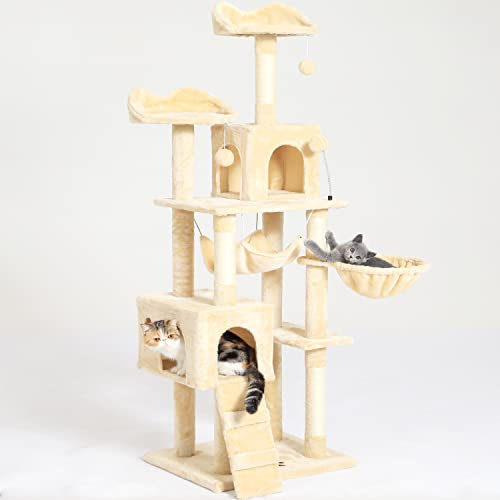 Arbre à chat avec corde en sisal - Chaise longue en peluche - Maison de jeu - Jouet pour chats de taille moyenne - Beige