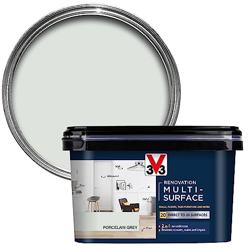 V33 Renovation Multi-Surface Paint - No Undercoat Needed - Over 20 Surfaces - Resistance To Water Stains & Impact - High Coverage - Porcelain Grey Satin 2 Litres