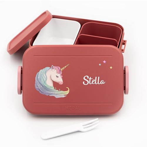 Geschenkfreude Personalisierte Brotdose Kinder Einhorn für Mepal - Lunchbox Kinder mit Trennwand Name, Kindergarten, Schule - Alles für den Schulanfang und Einschulung - Brotdose mit Namen