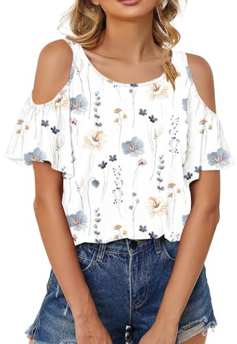 Blusenshirt Damen Schulterfreies U Ausschnitt Tshirt Druck Top Rüschen Kurze Ärmel Oberteil Casual Oversize Shirt Sexy Sommer Tunika Trendy Blusen Elegant Blouse Damen Oberteile(#D White,M)