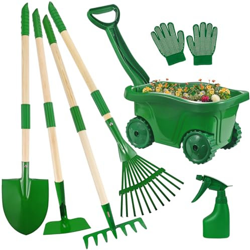 Duckura Kids Gardening Tools Set - 7pcs Wheelbarrow Set for Kids with Shovel, Rake, Leaf Rake, Summer Outdoor Yard Digging Weed Birthday Gifts Toys, Easter for Boys Girls Age 2 3+ Years(Green)