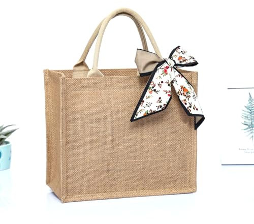 QIUPFGUT Jute-Tasche, Jute Tote Bag, Cotton Pocket Jute Shopper, Jute-Tasche Damen Shopper, große Einkaufs-Tasche mit Henkel, Einkaufskorb, Tragetasche, Einkaufstasche (35X30X18CM)